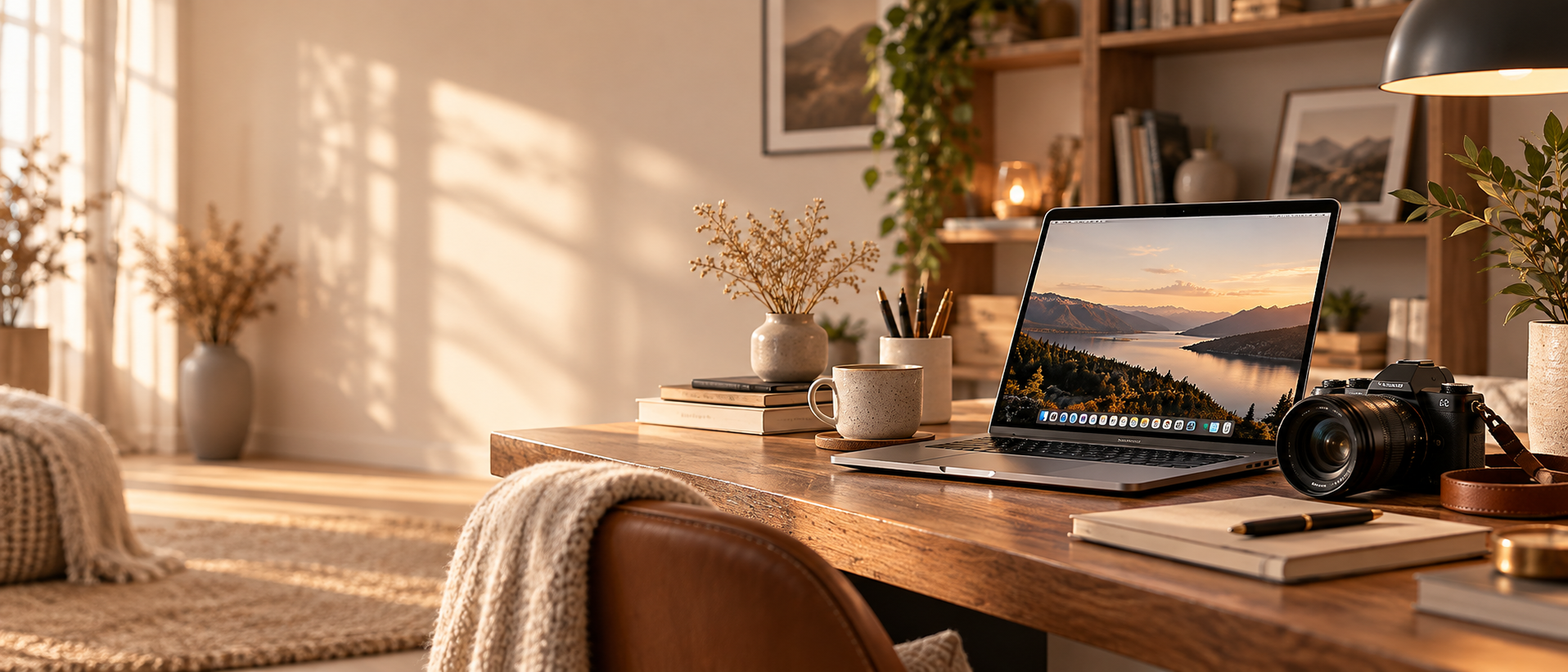 Bureau chaleureux avec ordinateur et appareil photo